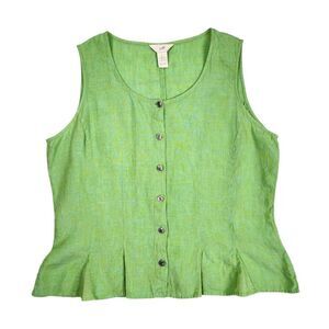 J.Jill Linen Top Blouse Lime Green Sleeveless Button-Up Shirt Pleated Size L